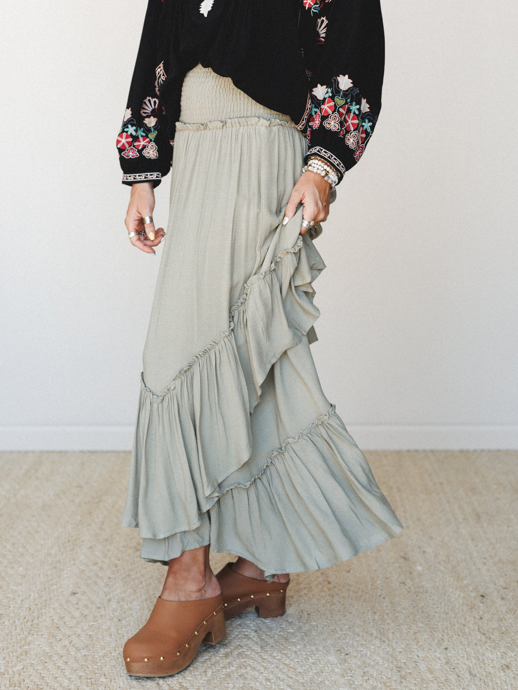 Washed Ashore Ruffled Maxi Skirt - Olive