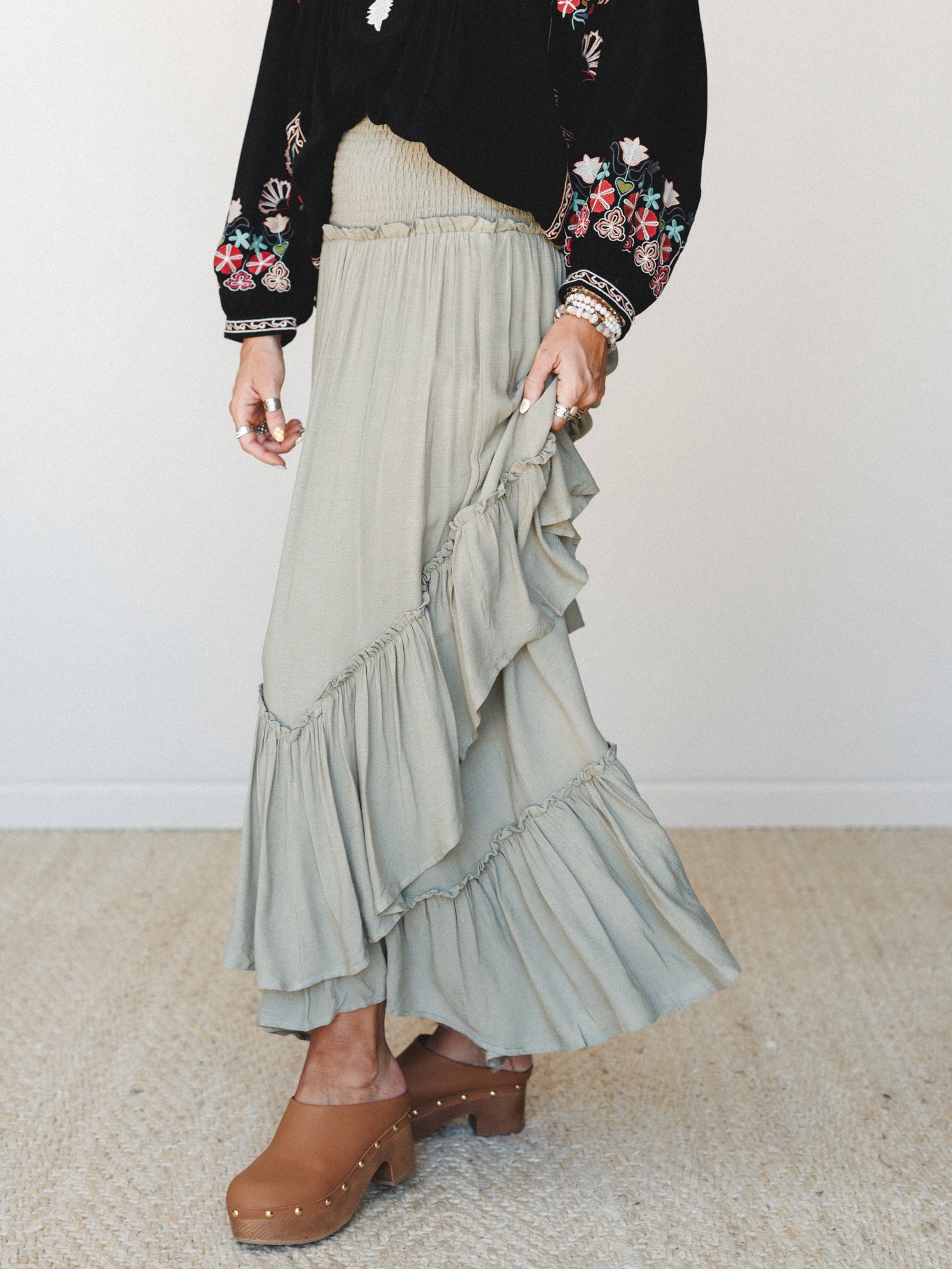 Washed Ashore Ruffled Maxi Skirt - Olive