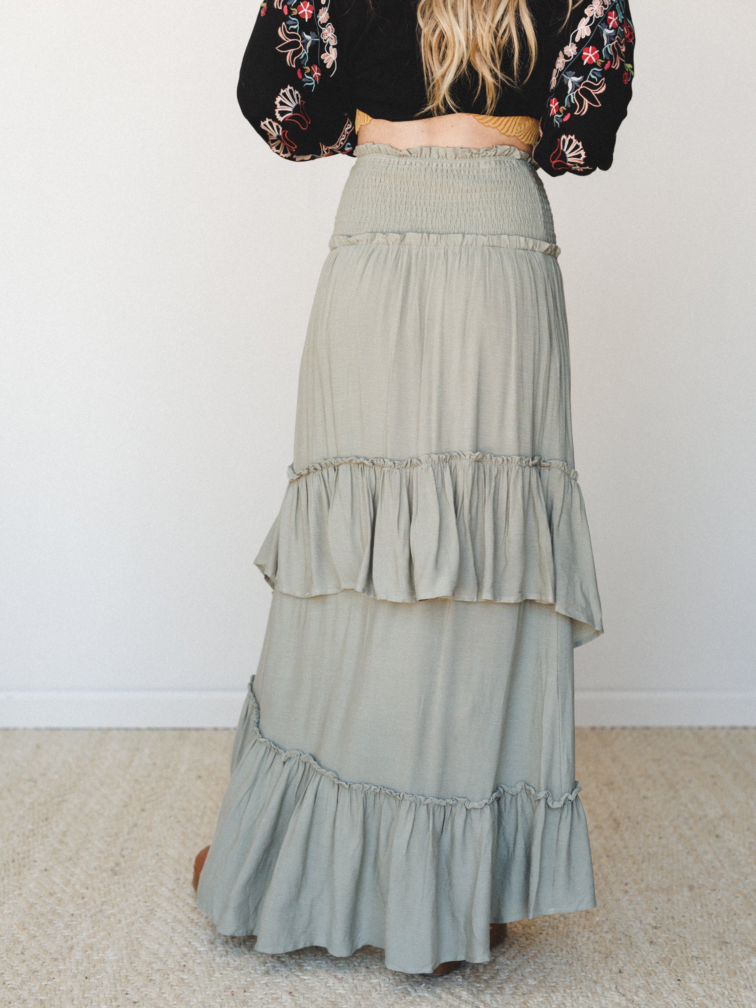 Washed Ashore Ruffled Maxi Skirt - Olive