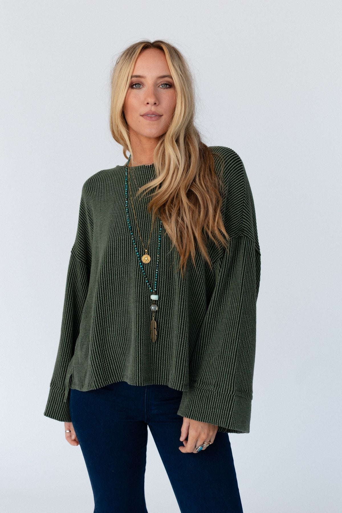 The Nest Love It Round Neckline Textured Top - Olive