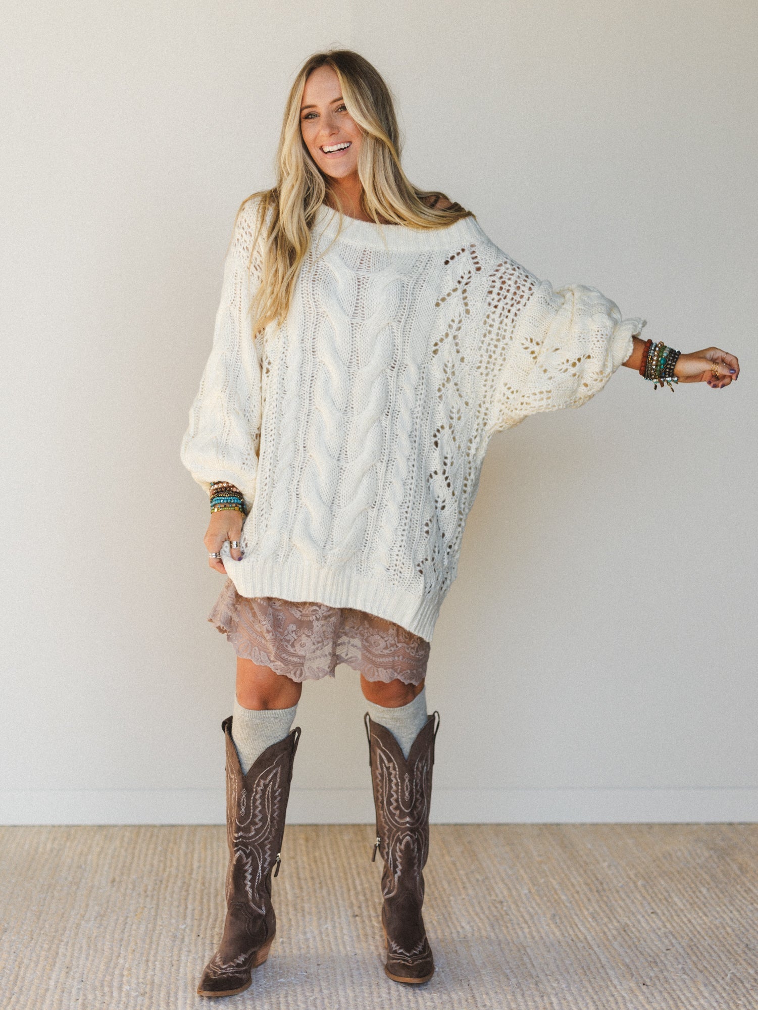 Golden Hour Bubble Sleeve Sweater Dress - Ivory