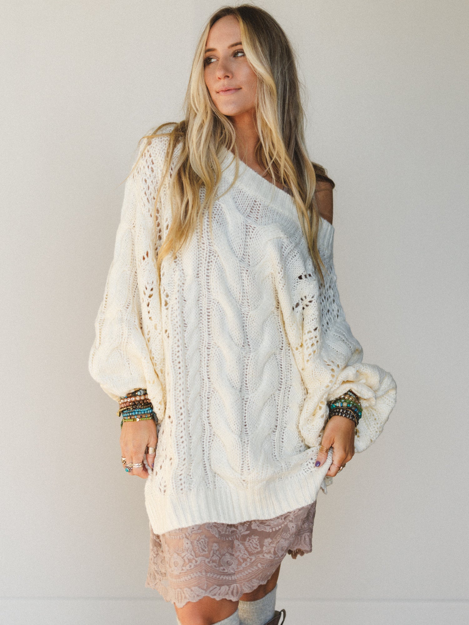 Golden Hour Bubble Sleeve Sweater Dress - Ivory