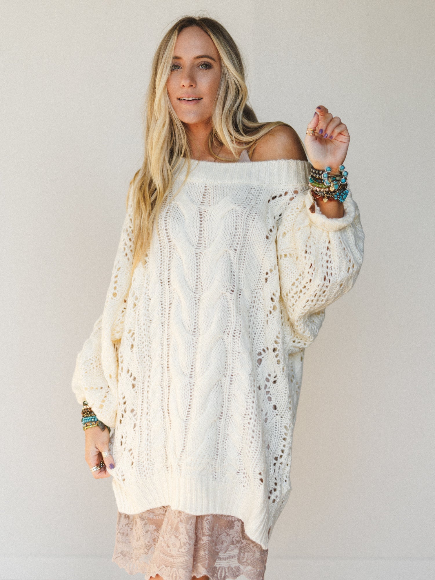 Golden Hour Bubble Sleeve Sweater Dress - Ivory