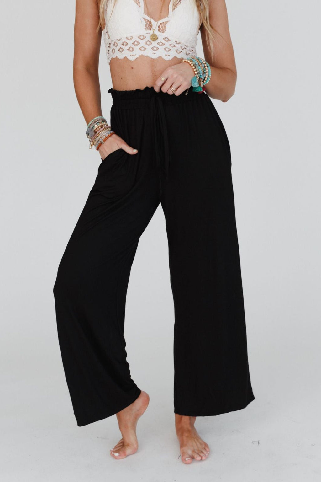 The Nest Forever Comfy Drawstring Wide Leg Pants - Black
