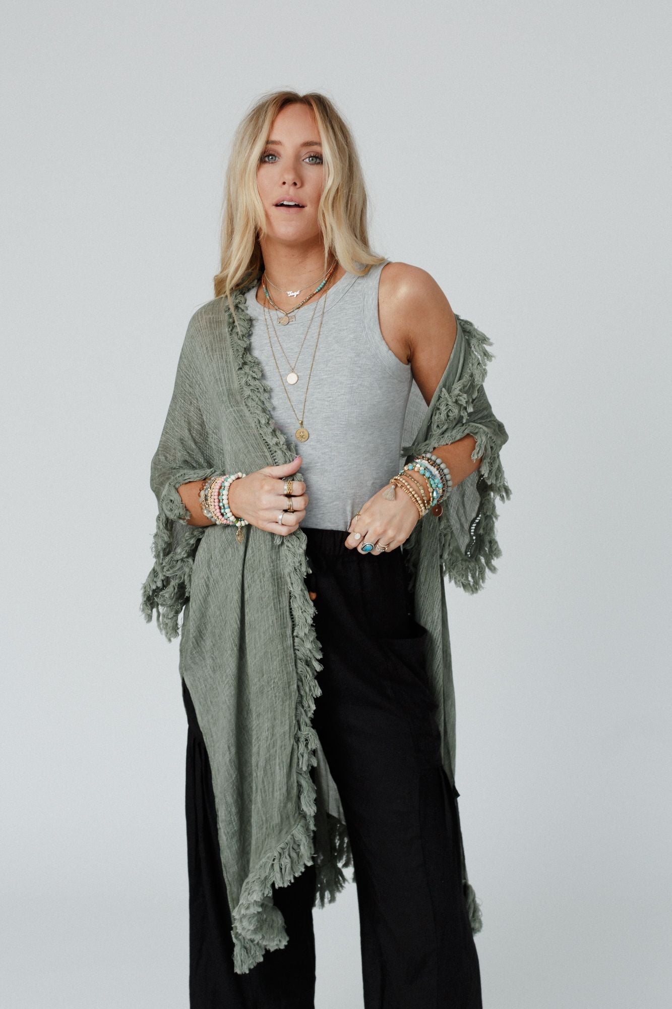 On The Edge Fringe Kimono - Olive