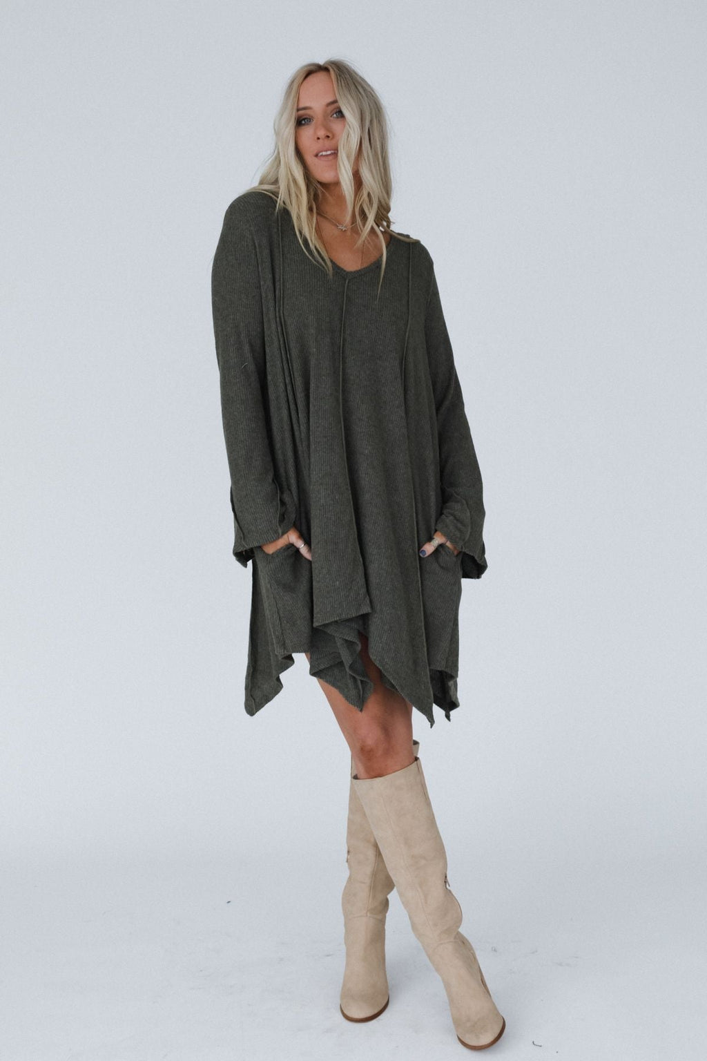 The Nest Golden Hour Long Bell Sleeve Tunic Dress - Olive