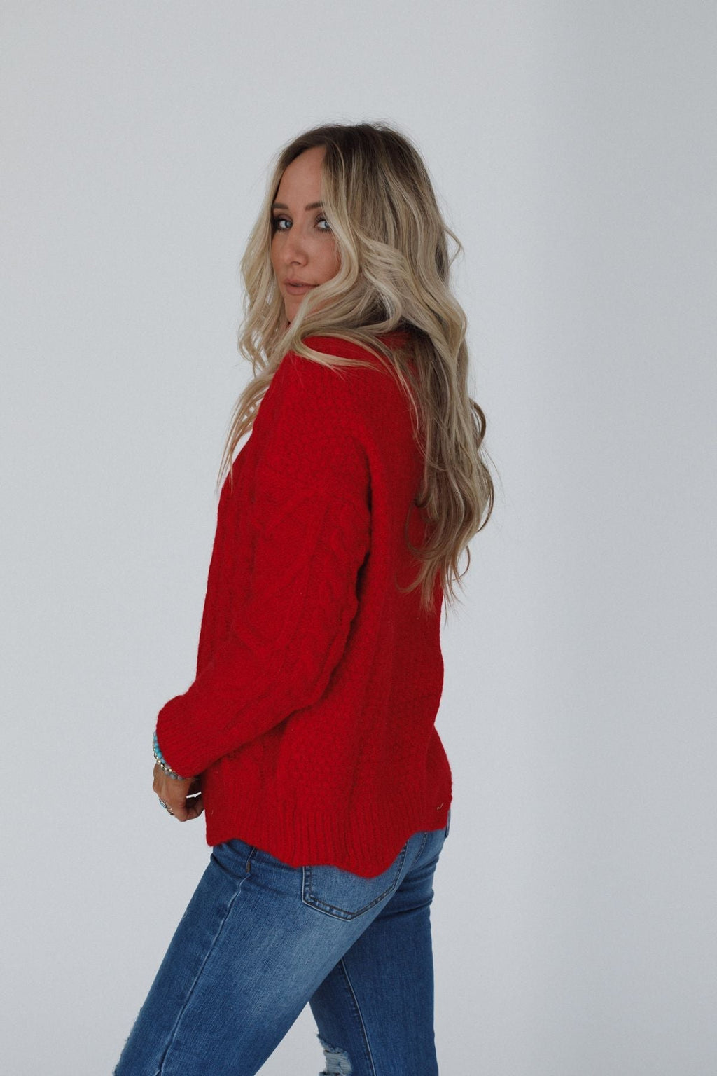 Coffee Chats Scallop Hem Sweater - Ruby