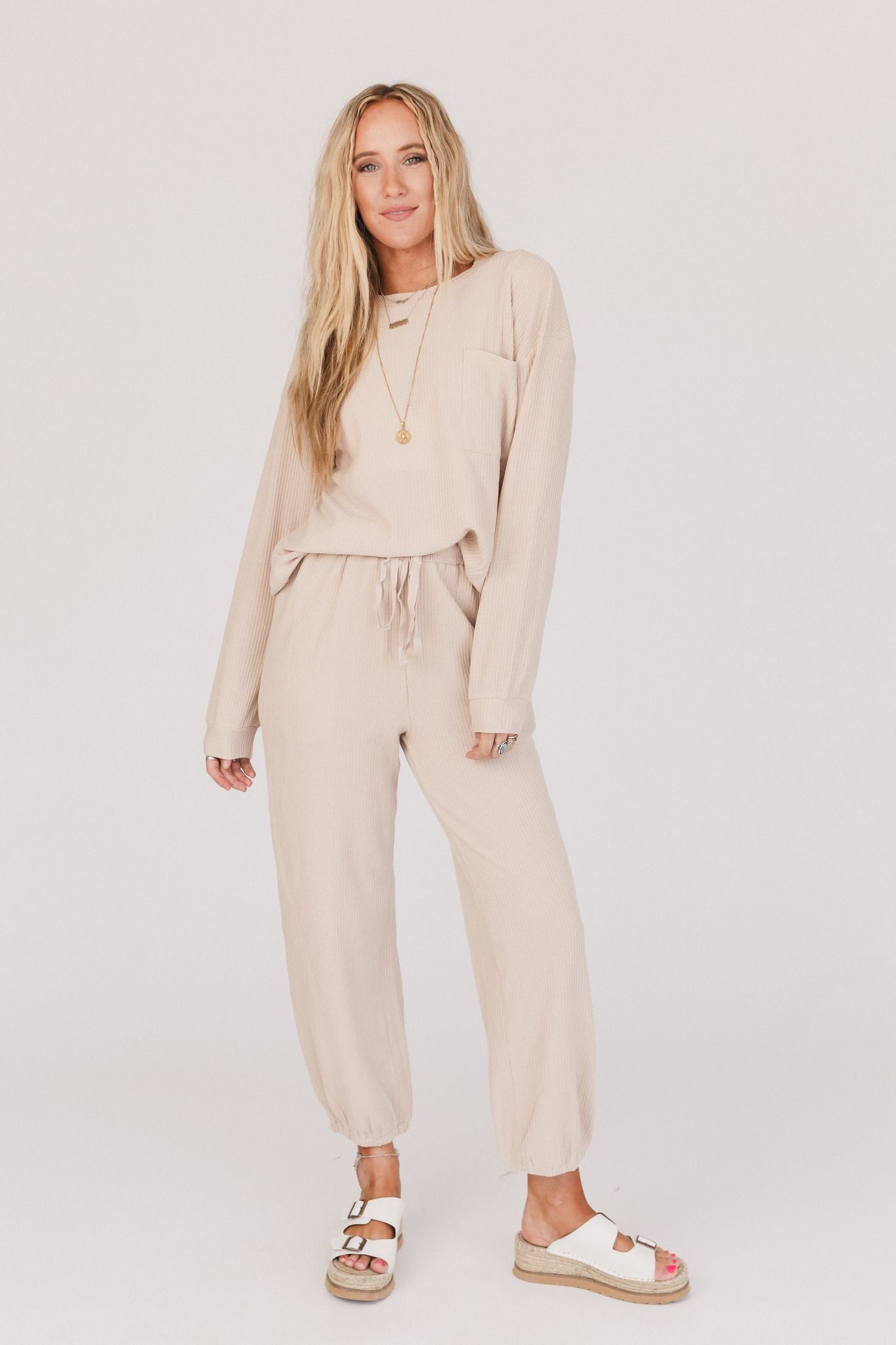 Calling The Shots Waffle Knit Set - Beige