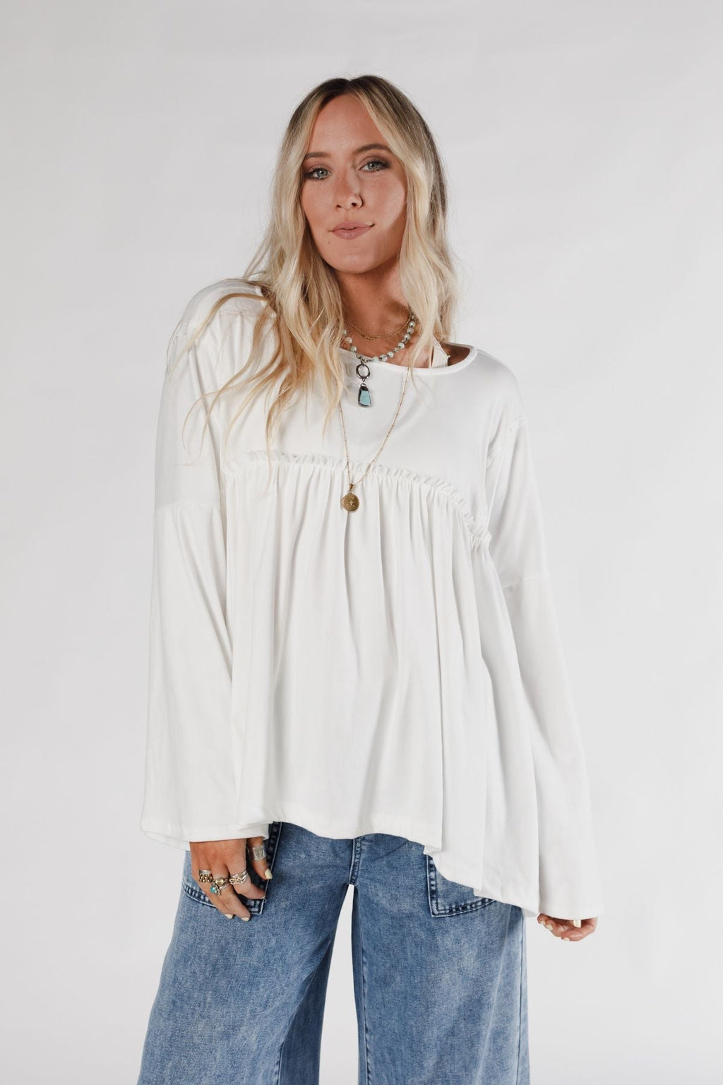 The Nest Solid Serenity Long Sleeve Babydoll Top - Ivory